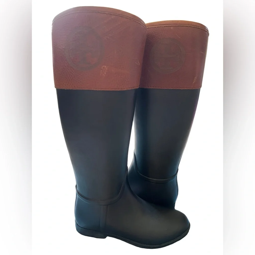 Tory Burch Diana Rubber Riding Boot Women's 8‎ 2 Tone Black/Brown With Box READ✅